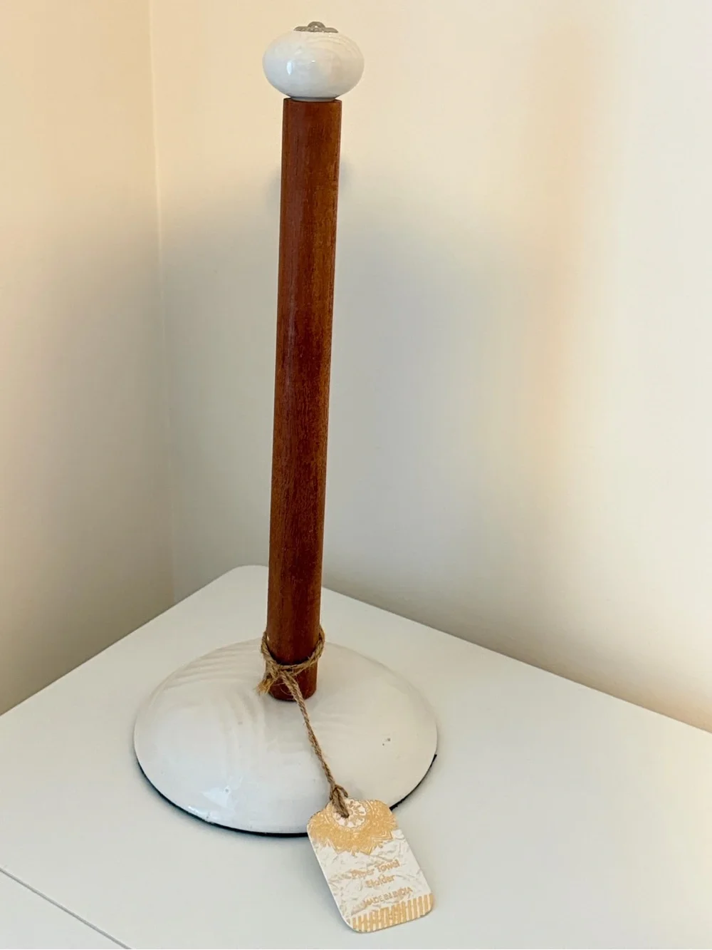 Farmhouse Aluminum & Wood Paper Towel Holder Countertop Kitchen Roll Stand White